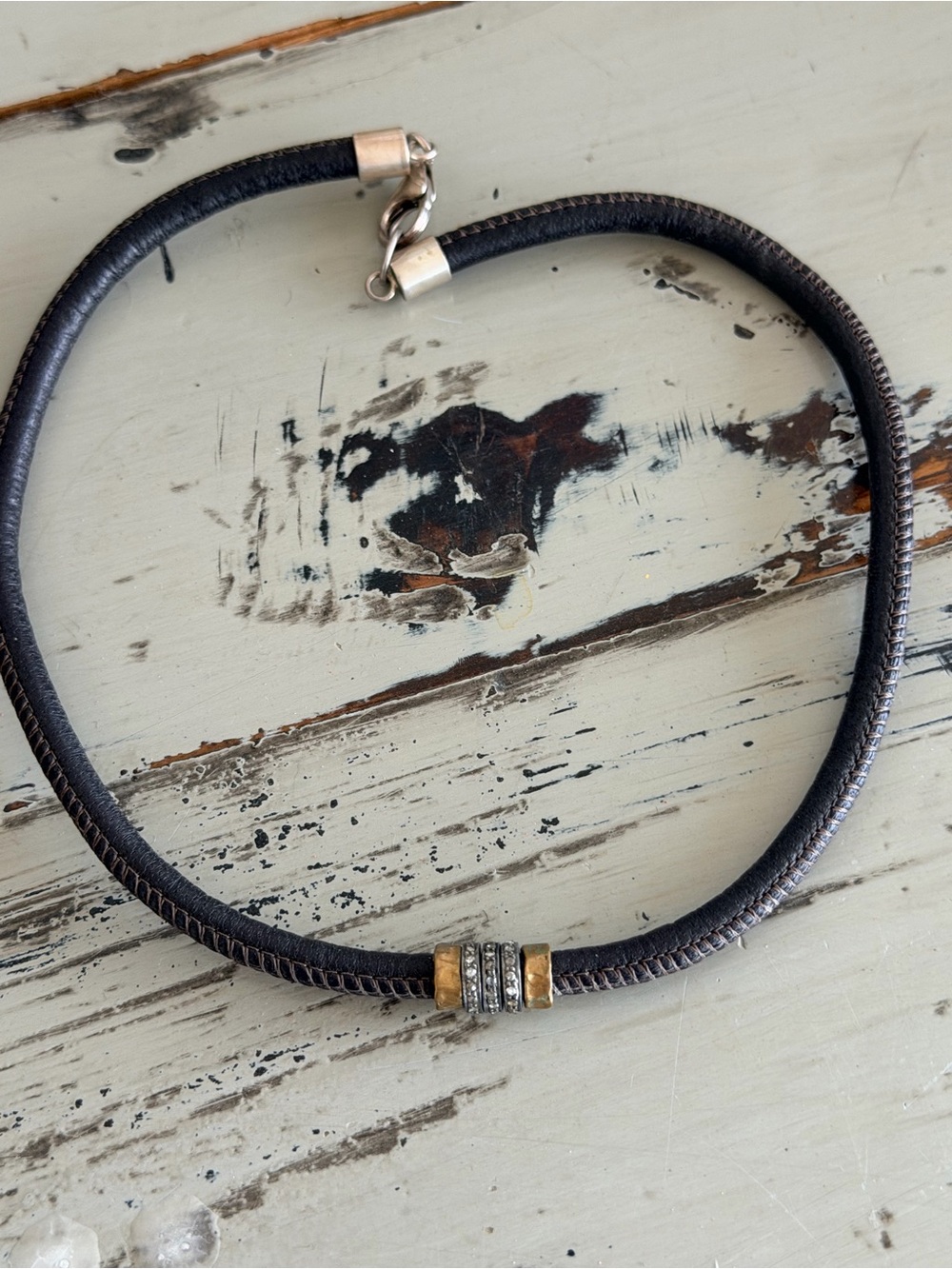 Leather Choker Necklace with Gold and Diamond Accent Beads